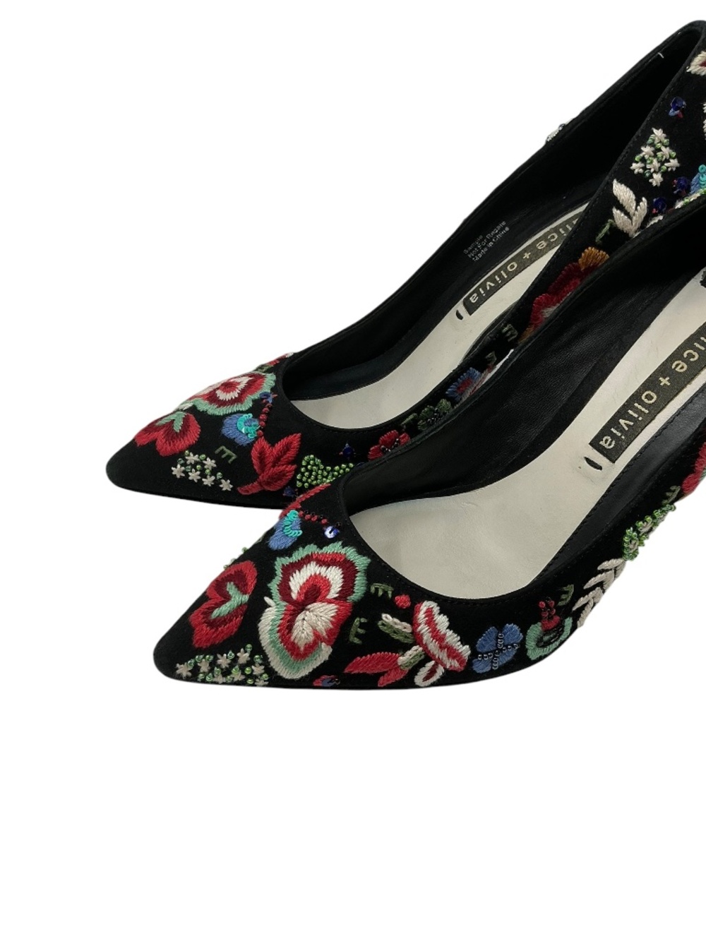 Alice + Olivia Embroidered Beaded Velvet Floral Pointed Toe Pumps Size 7 - Picture 11 of 16